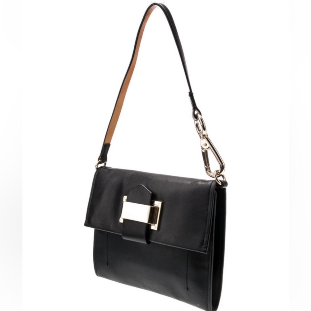 vintage 90s designer Black Leather Shoulder Bag with Gold Hardware